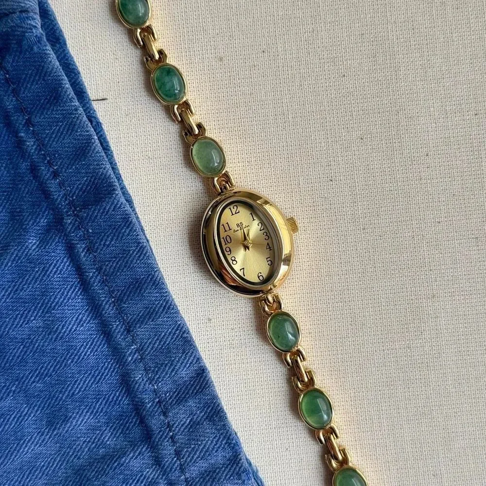 y2k cute gold round stainless steel quartz green stone charm watch